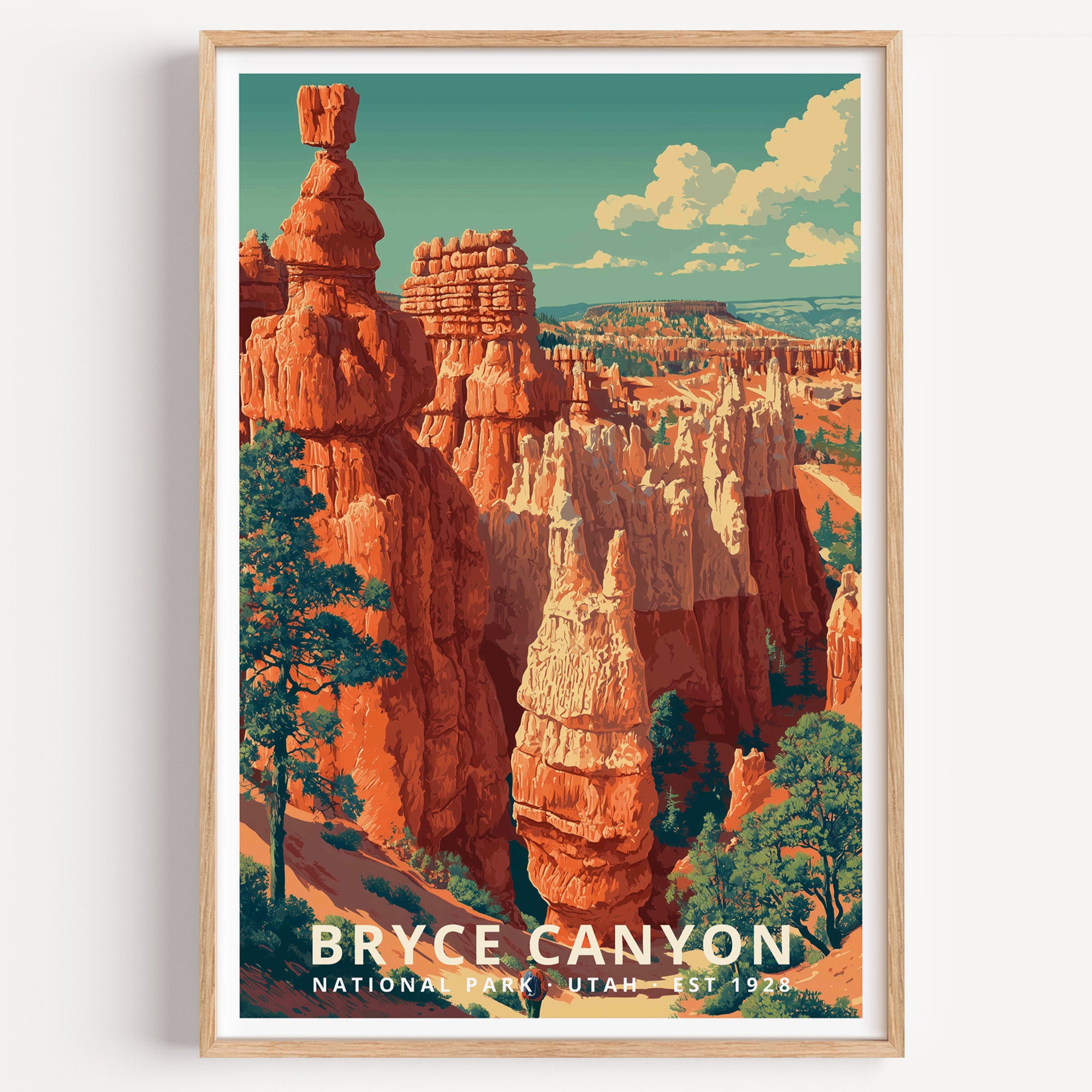 Bryce Canyon National Park retro travel poster — orange and cream hoodoos rising in tiers from the amphitheater floor, Utah