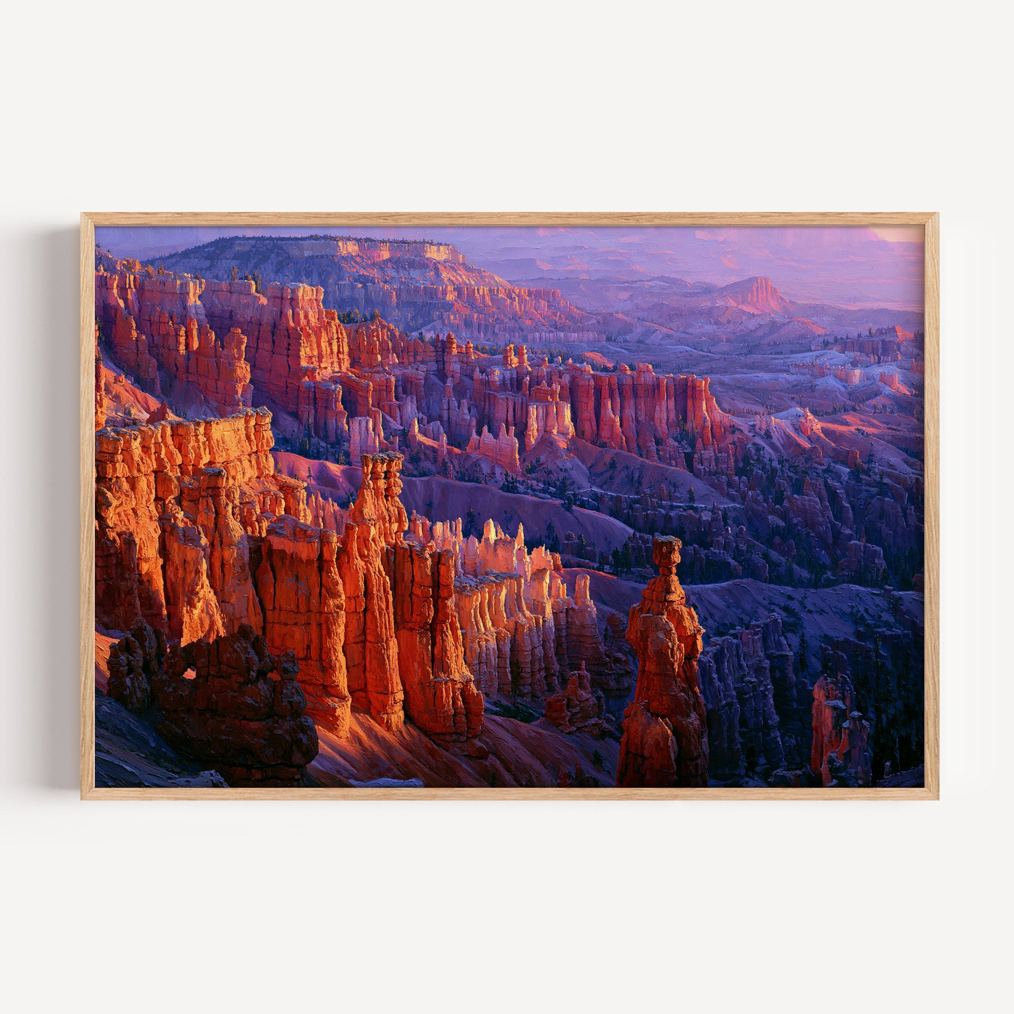 Bryce Canyon National Park classical oil painting print in an oak frame: hoodoos glowing at sunrise