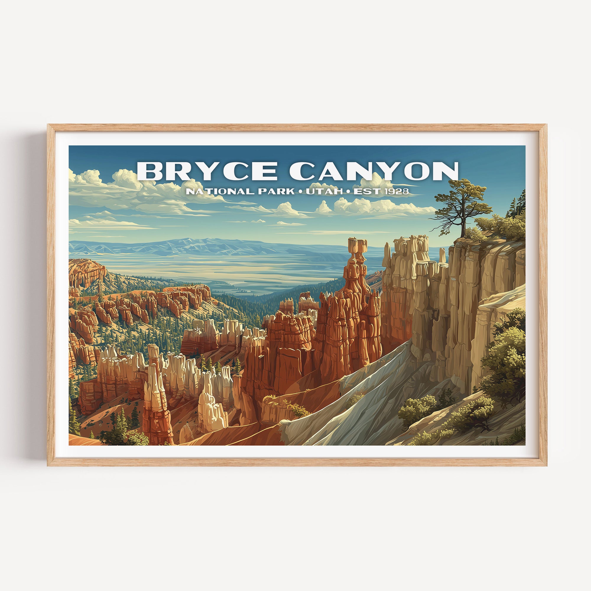 Orange and cream hoodoo spires filling the Bryce Amphitheater below a rim pine — Bryce Canyon National Park vintage WPA travel poster print