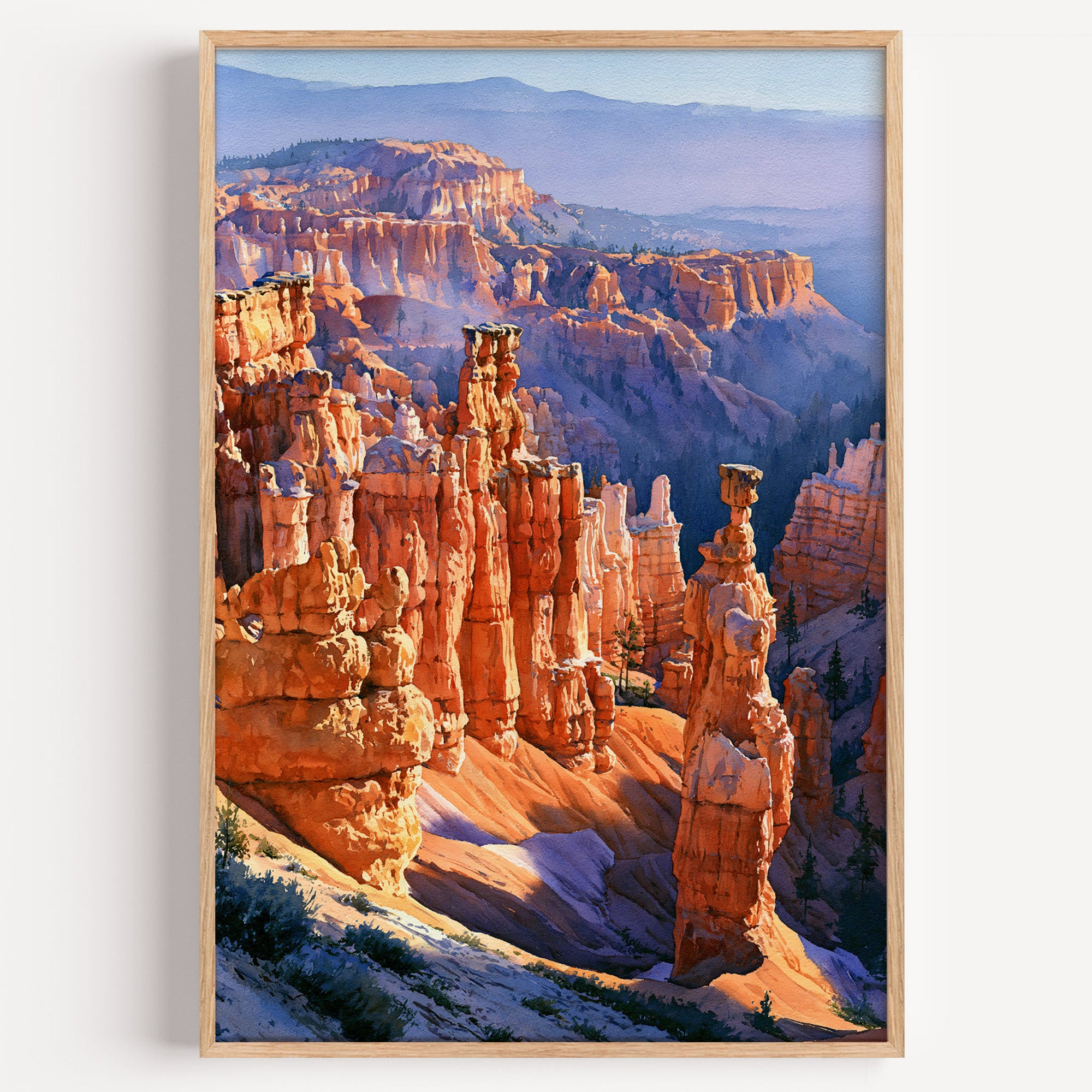 Bryce Canyon National Park watercolor art print: coral and orange hoodoos glowing at sunrise below the forested rim