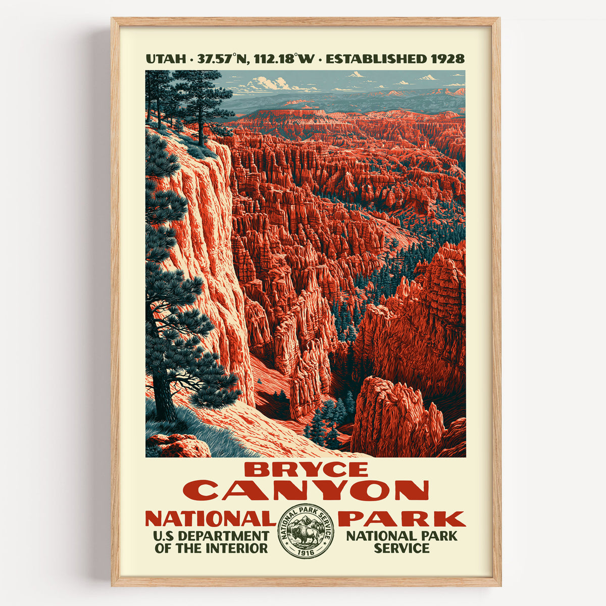 Bryce Canyon National Park vintage WPA poster in a wood frame, an amphitheatre of orange hoodoos below a forested rim