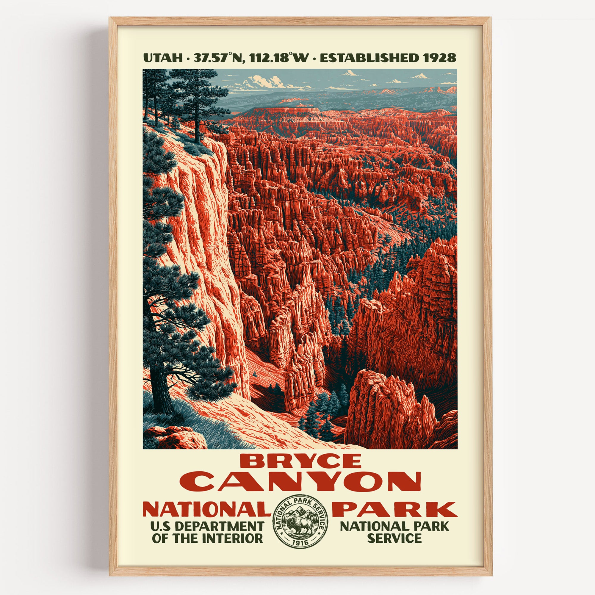 Bryce Canyon National Park vintage WPA poster in a wood frame, an amphitheatre of orange hoodoos below a forested rim