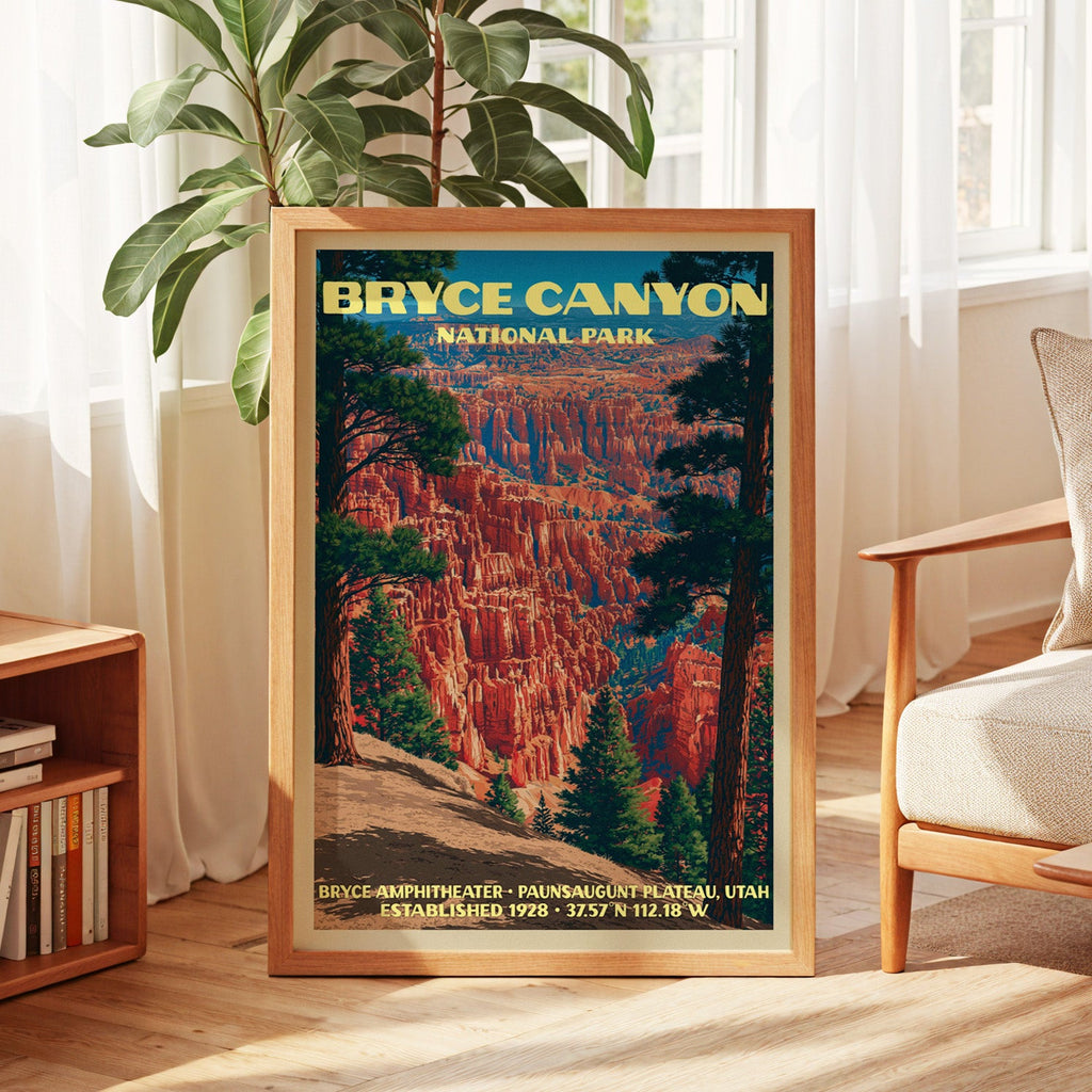 Bryce Canyon vintage poster in oak, leaning by a sunlit window with sheer curtains and a low bookshelf