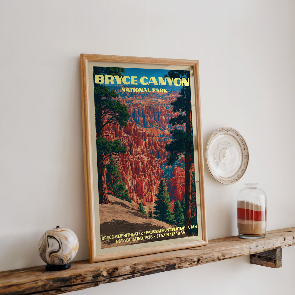 Bryce Canyon hoodoo print in oak, leaning on a reclaimed wood ledge with a stone sphere and sand jar