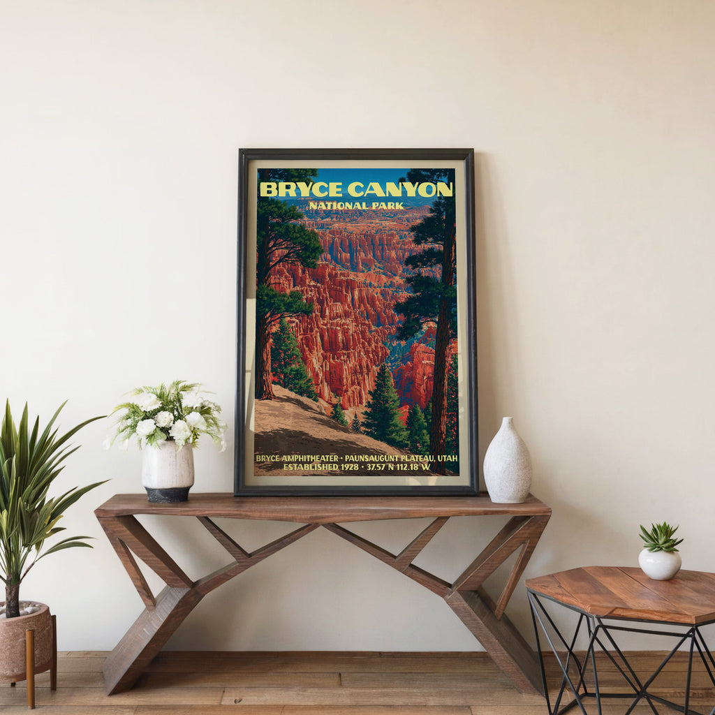 Bryce Amphitheater wall art in black, leaning on a walnut console with white anemones and a white vase