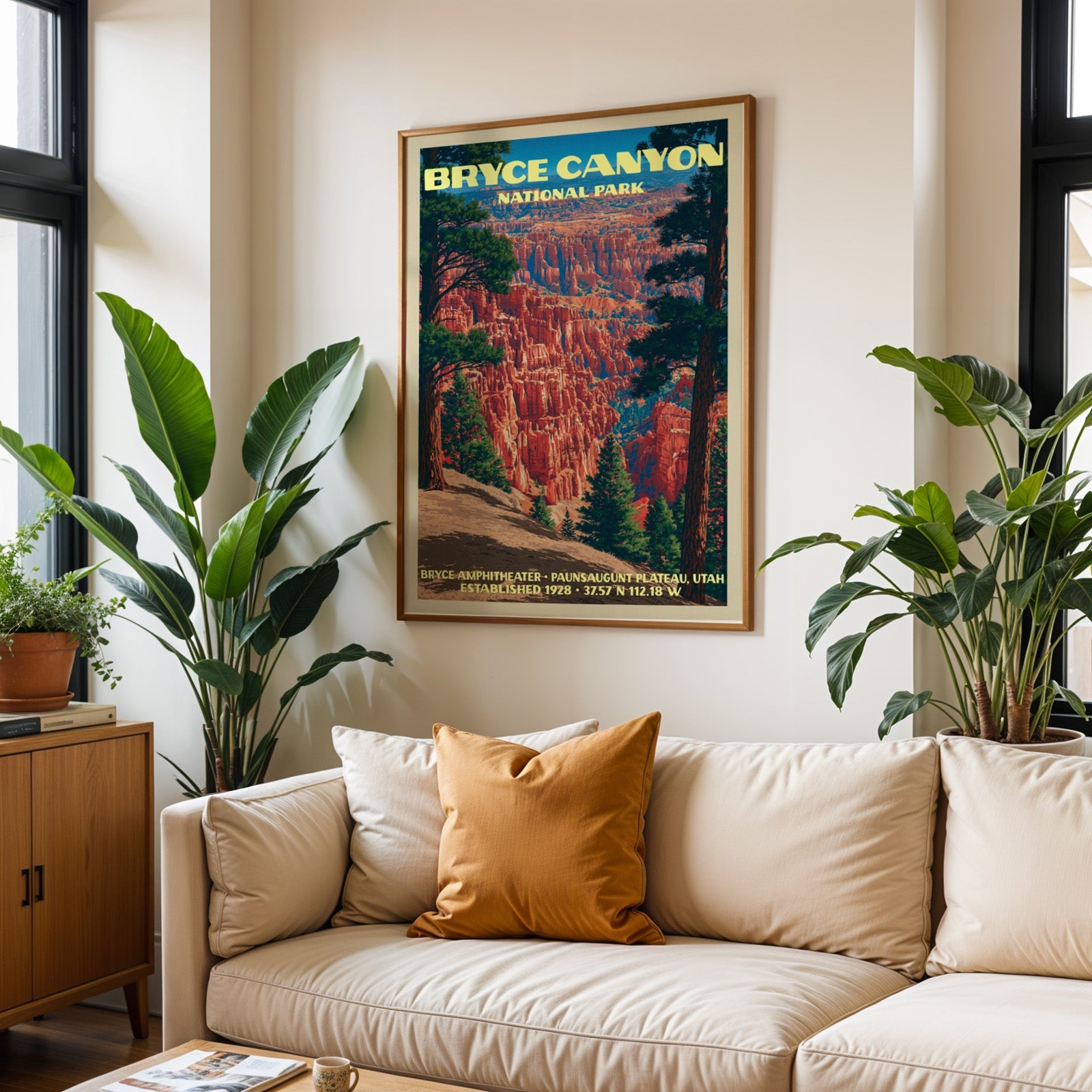 Bryce Canyon vintage travel print in oak above a cream sofa with a rust cushion and tall houseplants