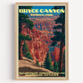 Bryce Amphitheater Bryce Canyon National Park vintage poster in a light oak frame on a white wall