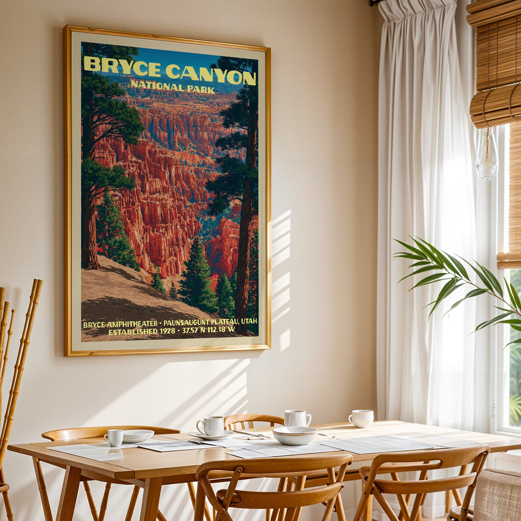 Bryce Canyon National Park print in gold above a light oak dining table by a curtained window