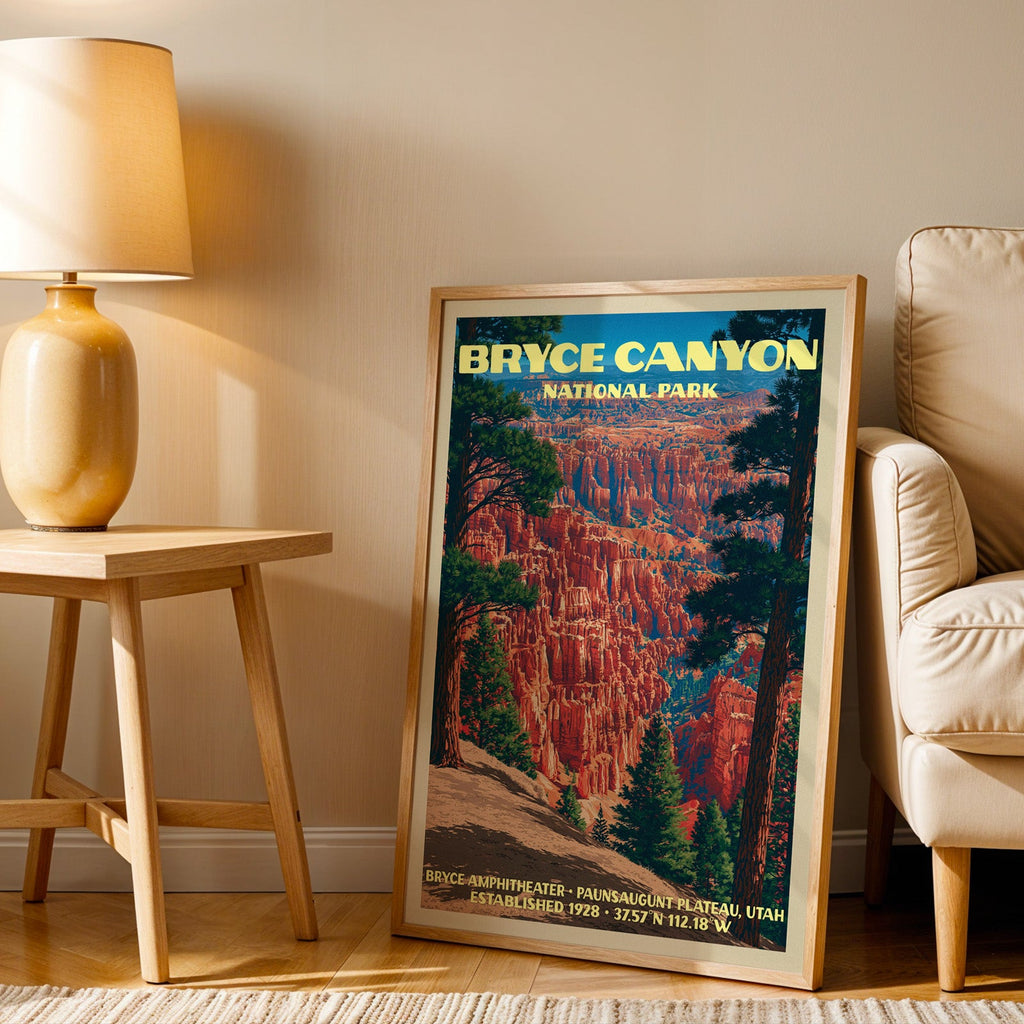 Bryce Amphitheater Bryce Canyon wall art in oak, leaning by an armchair and a table with an ochre lamp