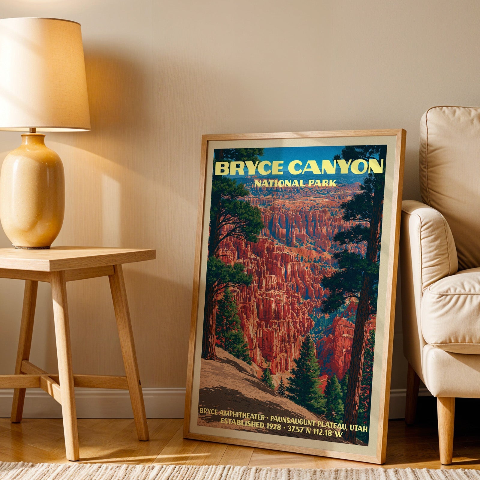 Bryce Amphitheater Bryce Canyon wall art in oak, leaning by an armchair and a table with an ochre lamp