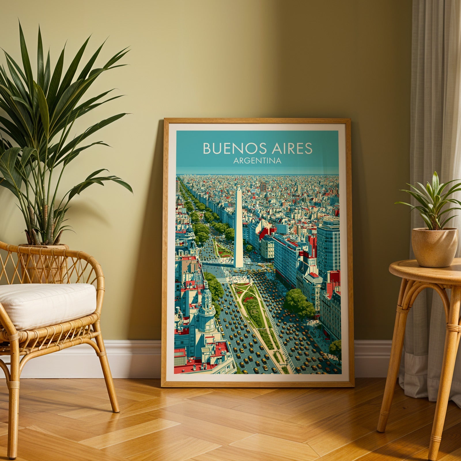 Yellow taxi avenue print in an oak frame on herringbone floor by an olive wall, rattan chair and palm