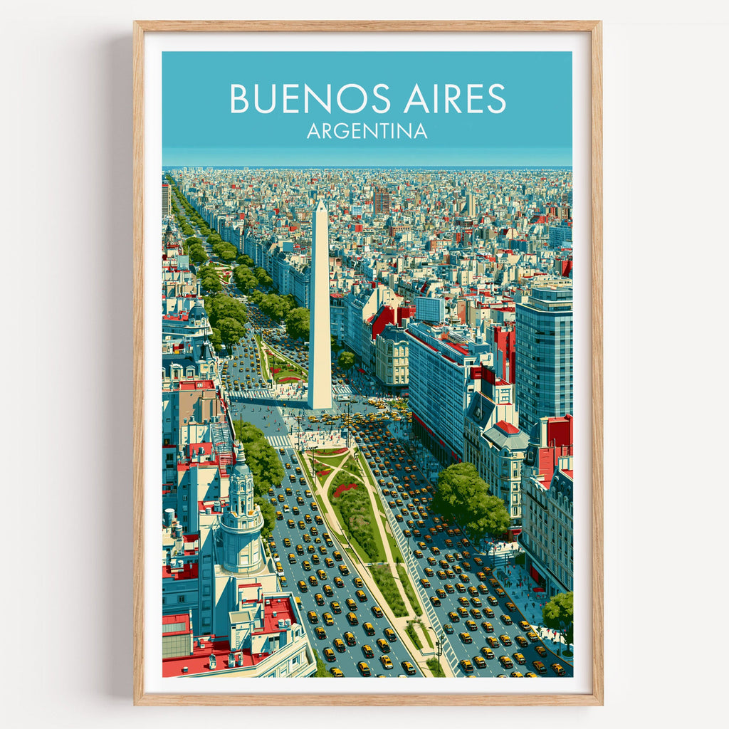 Buenos Aires travel poster in a light oak frame on a plain white wall