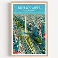 Buenos Aires travel poster in a light oak frame on a plain white wall