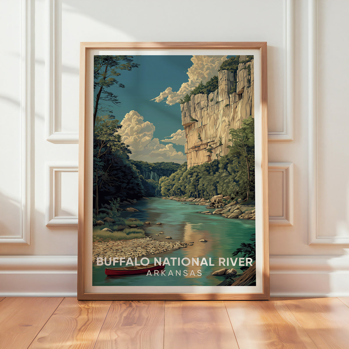 Buffalo National River print leaning on a white panelled wall over a wood floor in afternoon sun