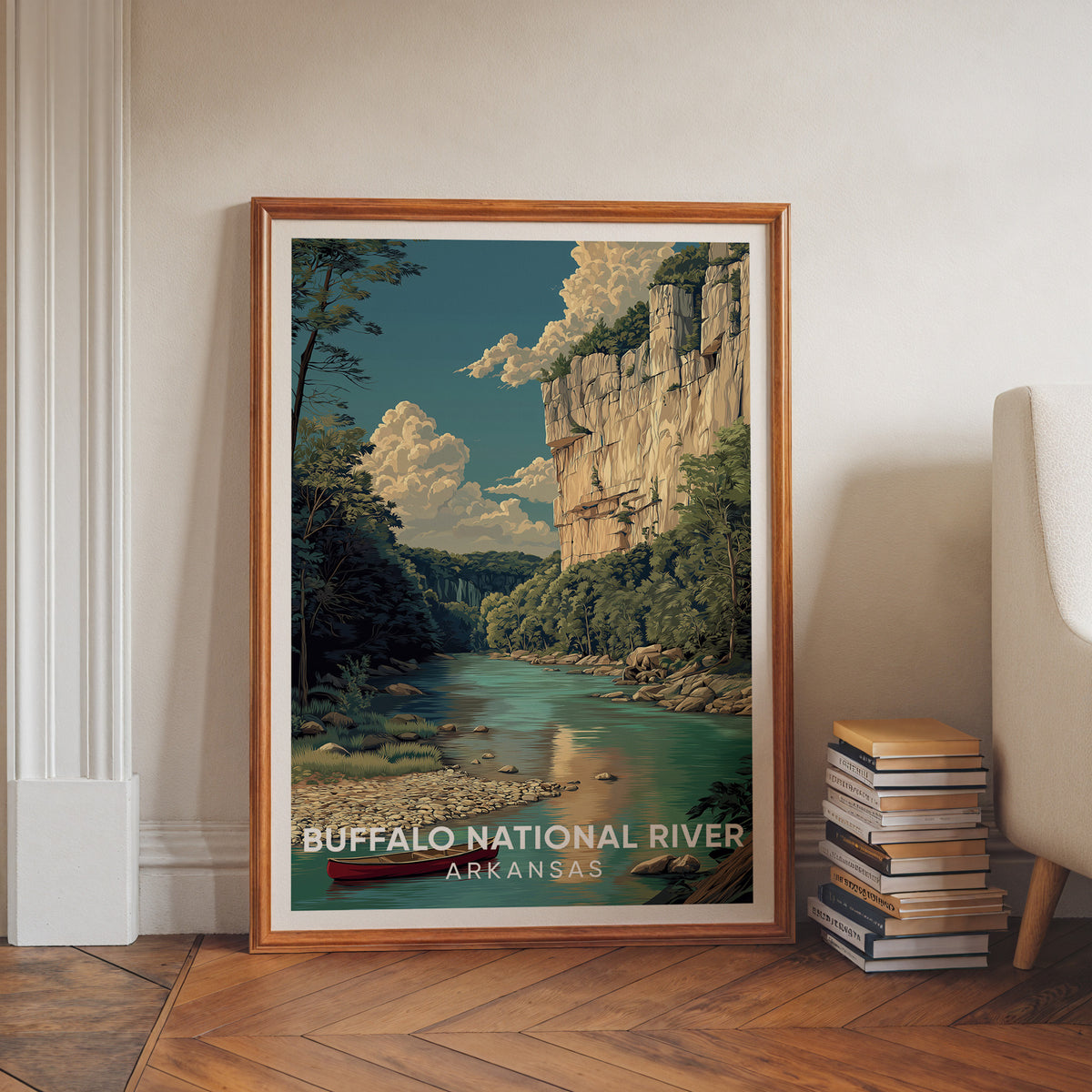 Buffalo National River artwork in a walnut frame on a herringbone floor beside stacked books