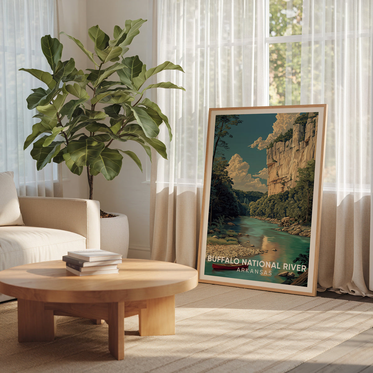 Arkansas Ozark river print in an oak frame near a curtained window with a large fiddle-leaf plant
