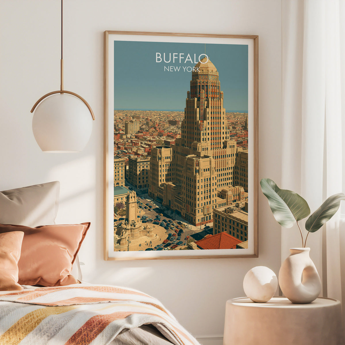 Large oak framed Buffalo artwork above a bed with rust bedding and a brass pendant lamp