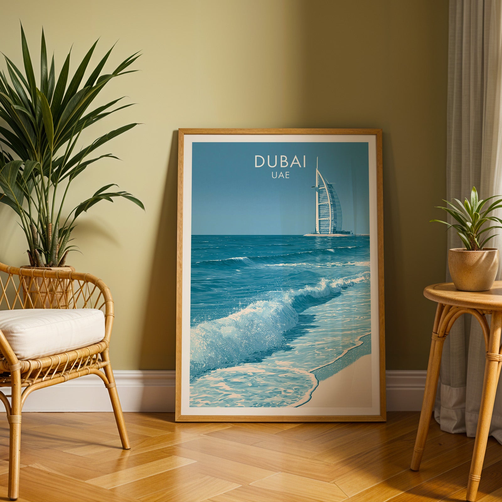 Large Burj Al Arab Dubai UAE travel print in an oak frame leaning on a herringbone floor next to a rattan chair