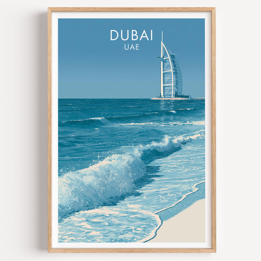 Burj Al Arab Dubai UAE travel poster in a natural wood frame, shown against a clean white wall