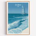 Burj Al Arab Dubai UAE travel poster in a natural wood frame, shown against a clean white wall