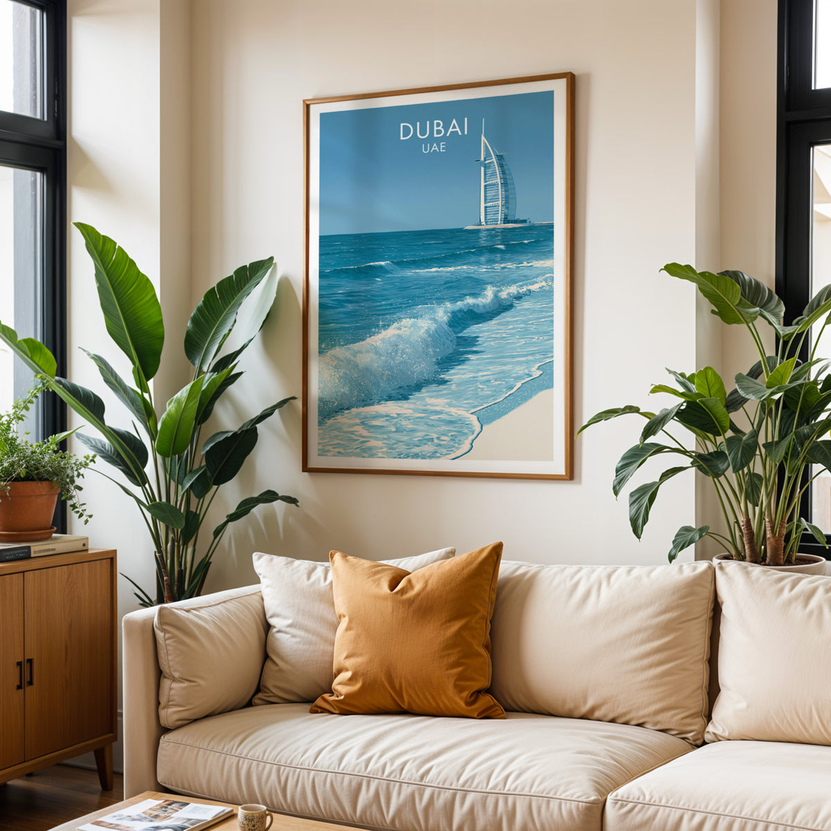 UAE travel poster in an oak frame above a cream sofa with a rust cushion and two tropical plants