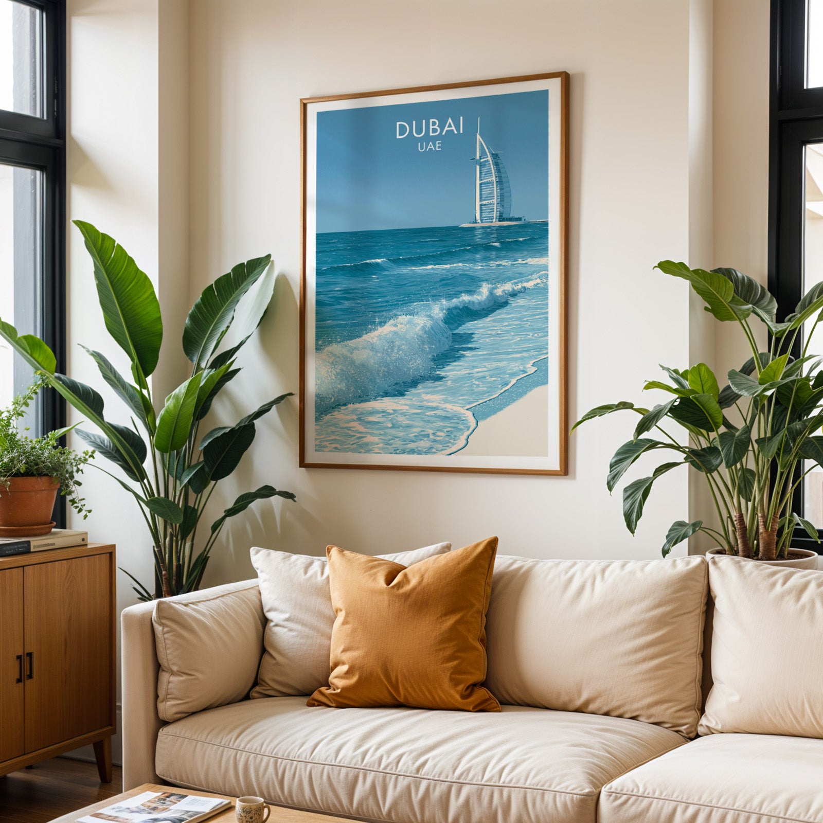 Framed Burj Al Arab Dubai UAE wall art hanging above a cream sofa in a bright living room with tropical plants