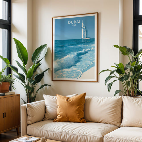 Framed Burj Al Arab Dubai UAE wall art hanging above a cream sofa in a bright living room with tropical plants