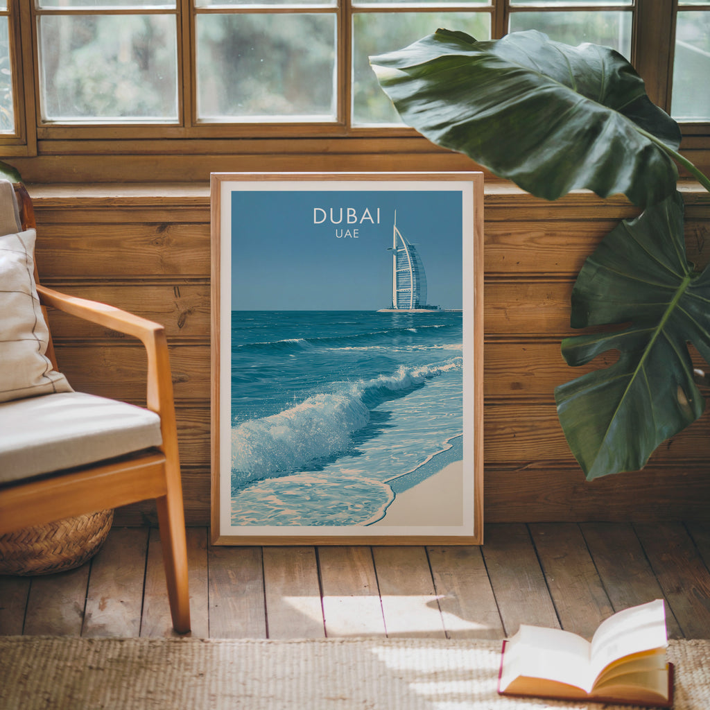 Framed Burj Al Arab Dubai UAE poster leaning against a timber cabin wall with monstera leaves and an open book