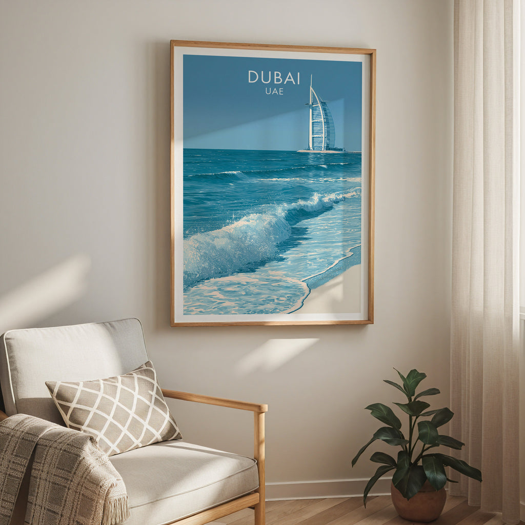 Burj Al Arab Dubai UAE travel print in a light oak frame on a living room wall beside a linen armchair