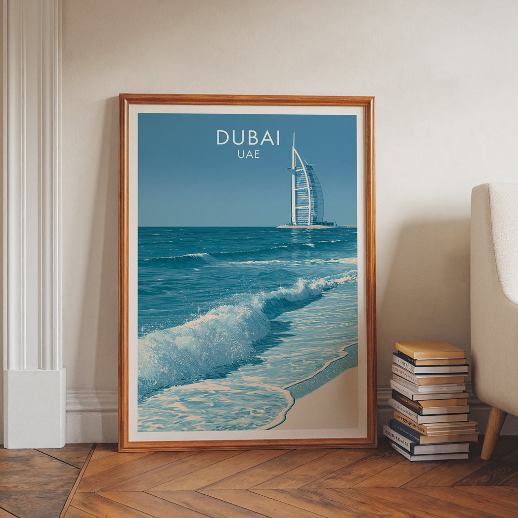 Burj Al Arab Dubai UAE art print in a walnut frame leaning in a hallway beside stacked books