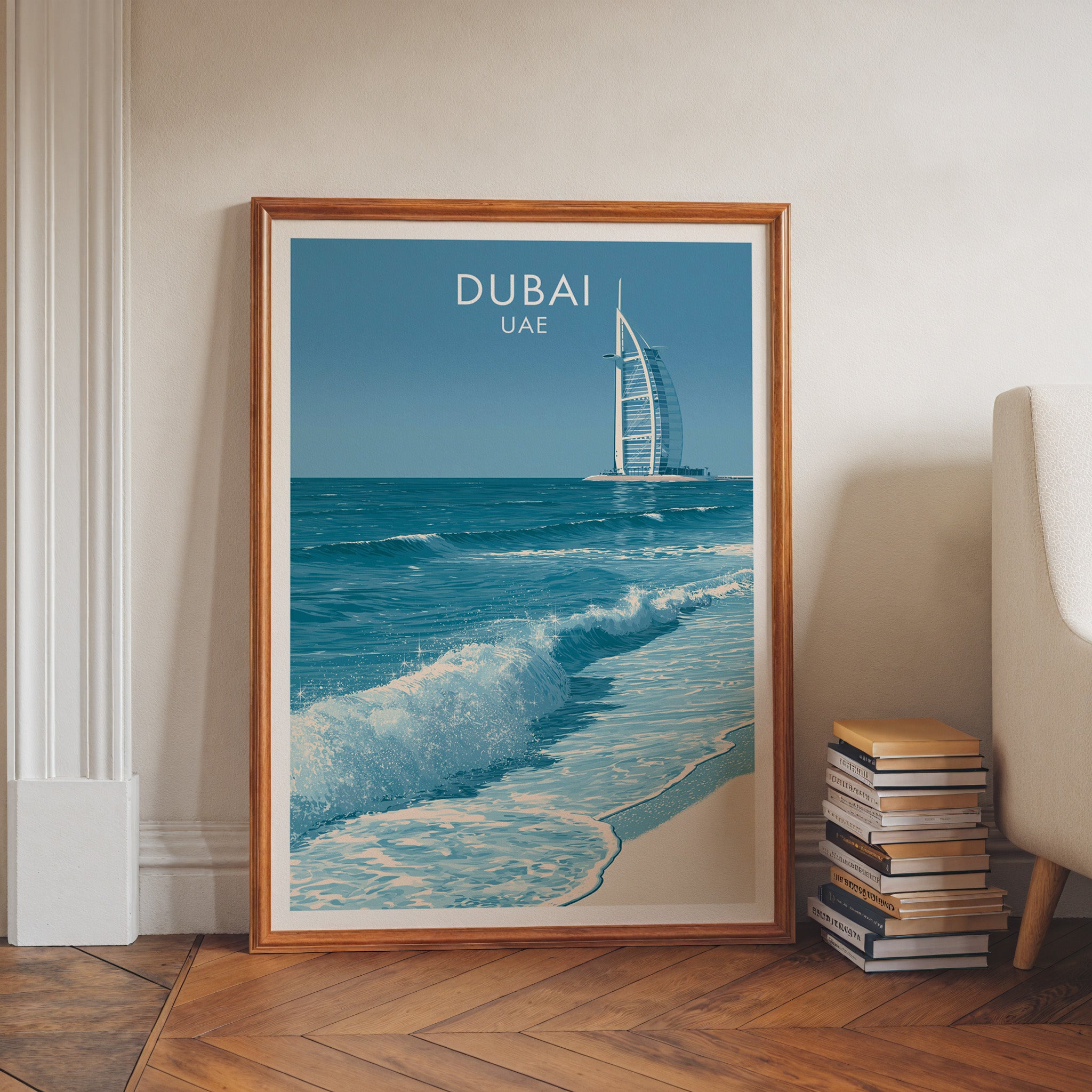 Burj Al Arab Dubai UAE art print in a walnut frame leaning in a hallway beside stacked books