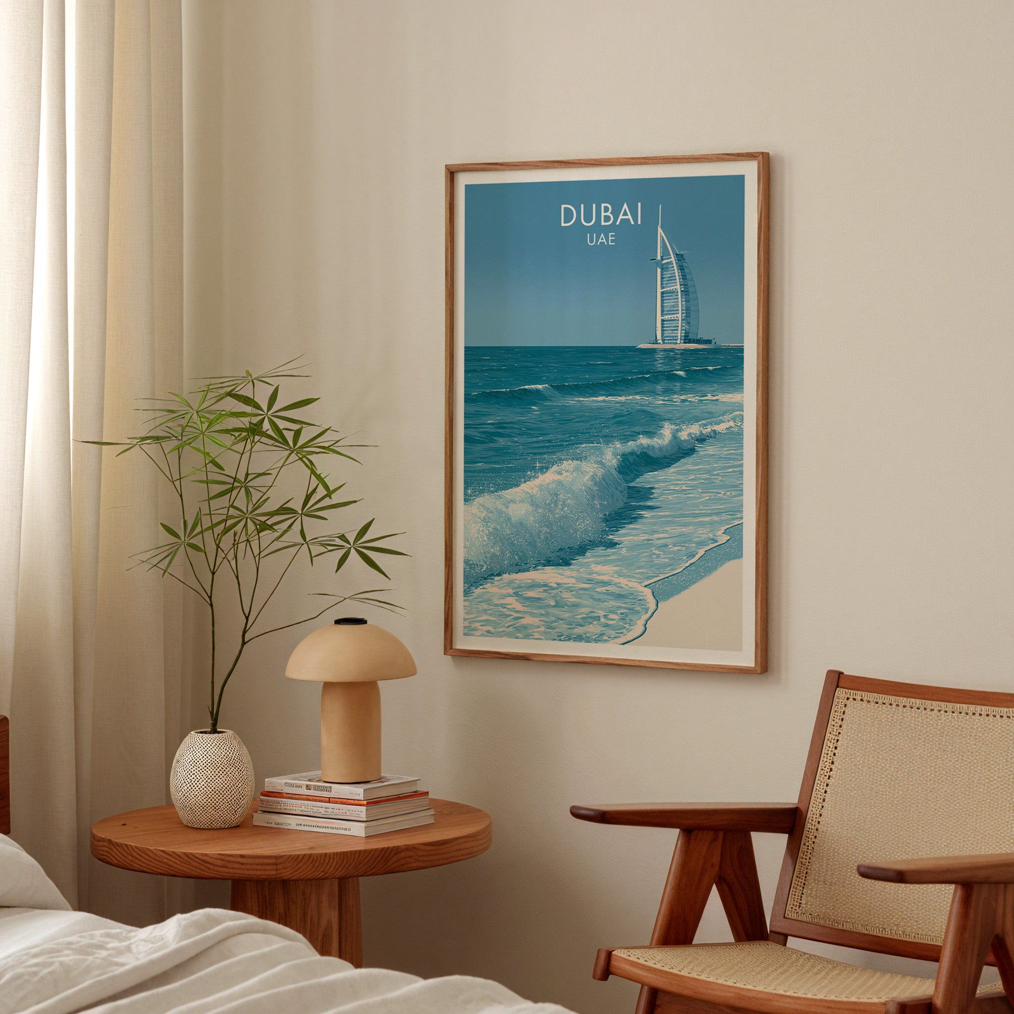 Burj Al Arab Dubai UAE poster above a bedroom nightstand with a bamboo plant and mushroom lamp
