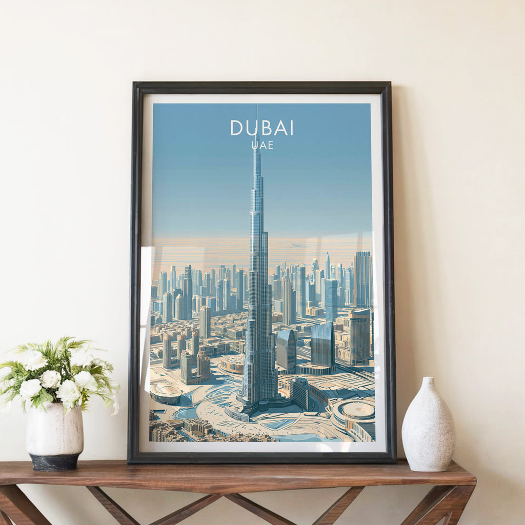 Burj Khalifa Dubai UAE travel poster in a black frame on a wooden console table with white flowers