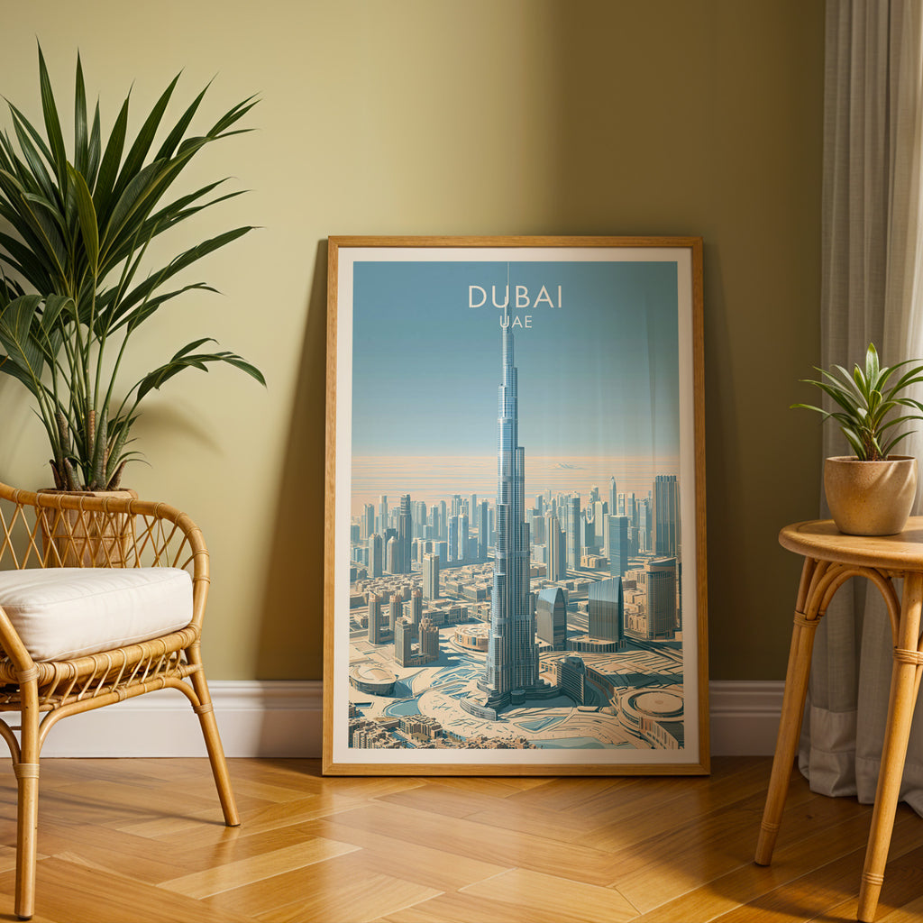 Large Burj Khalifa Dubai UAE travel print in an oak frame leaning on a herringbone floor next to a rattan chair