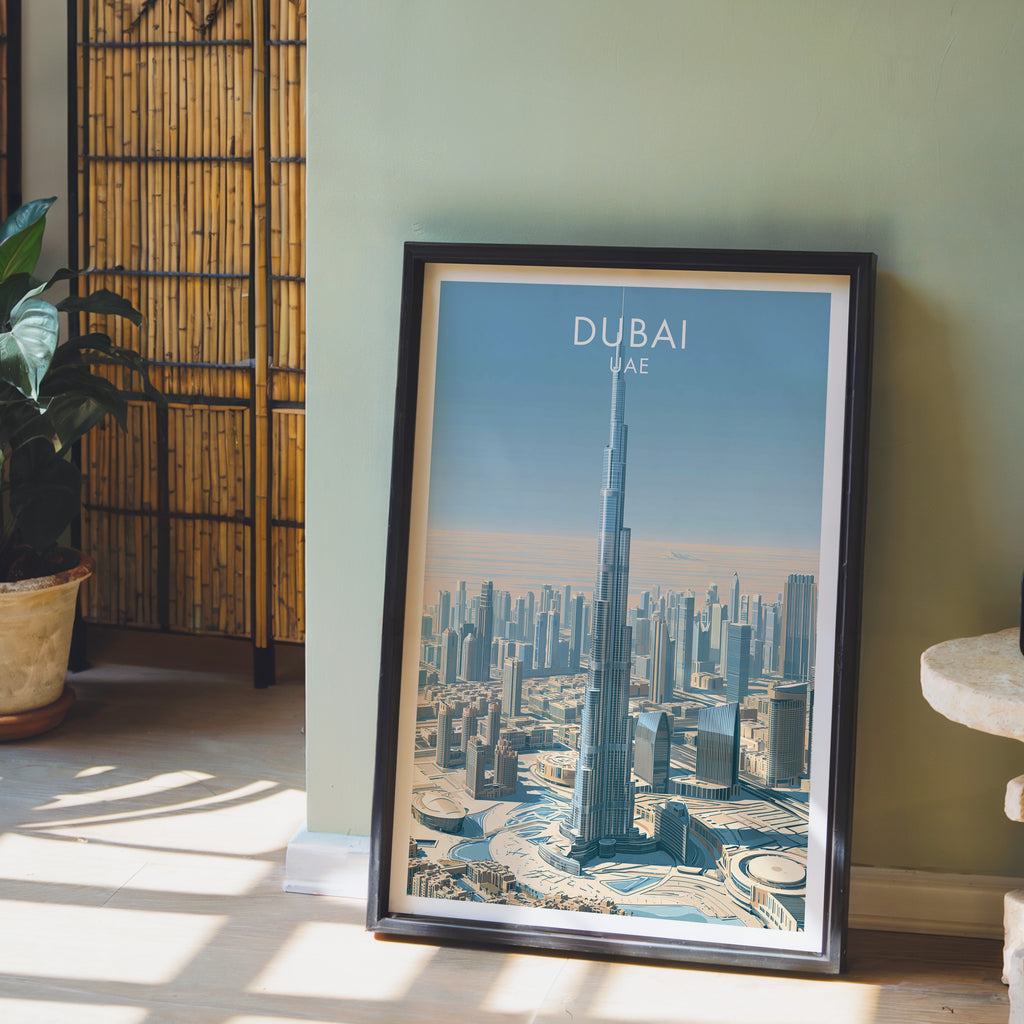 Burj Khalifa Dubai UAE wall art in a black frame leaning against a sage green wall beside a bamboo screen