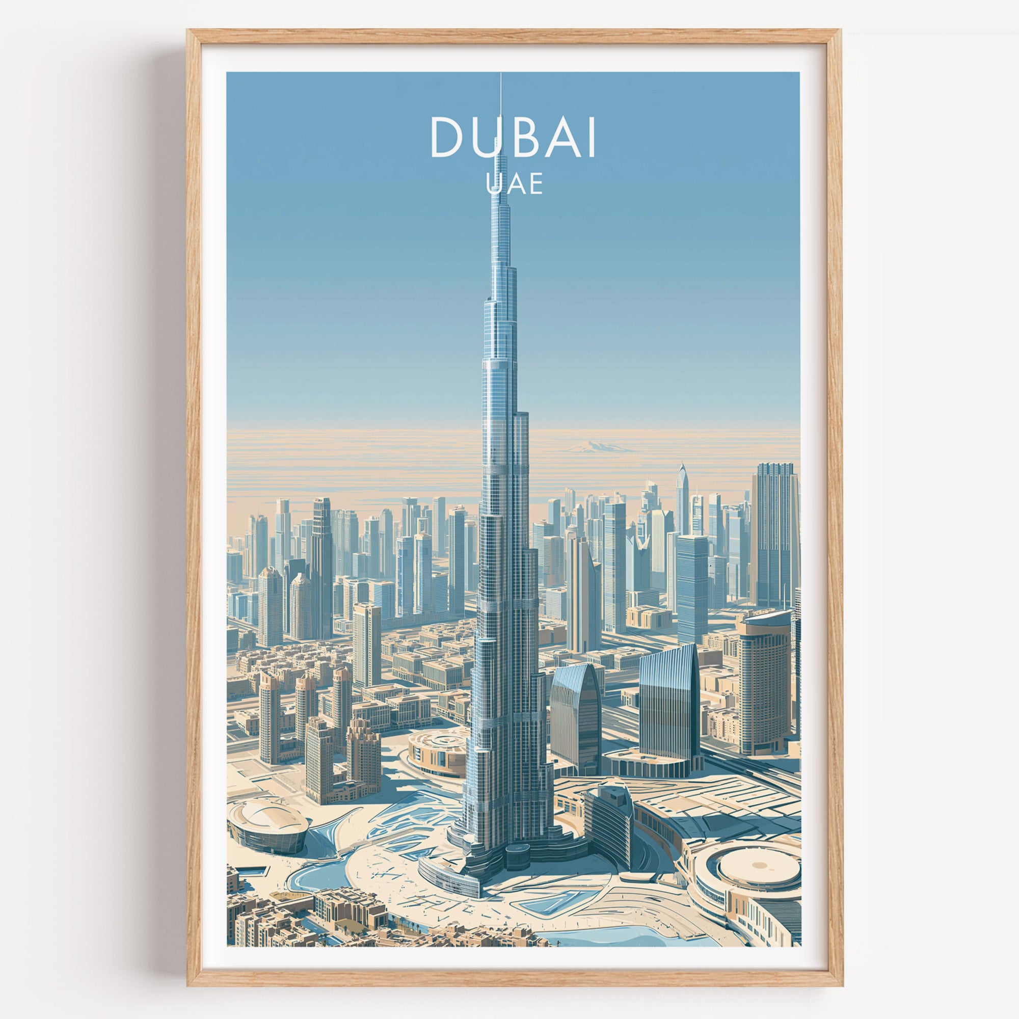 Burj Khalifa Dubai UAE travel poster in a natural wood frame, shown against a clean white wall