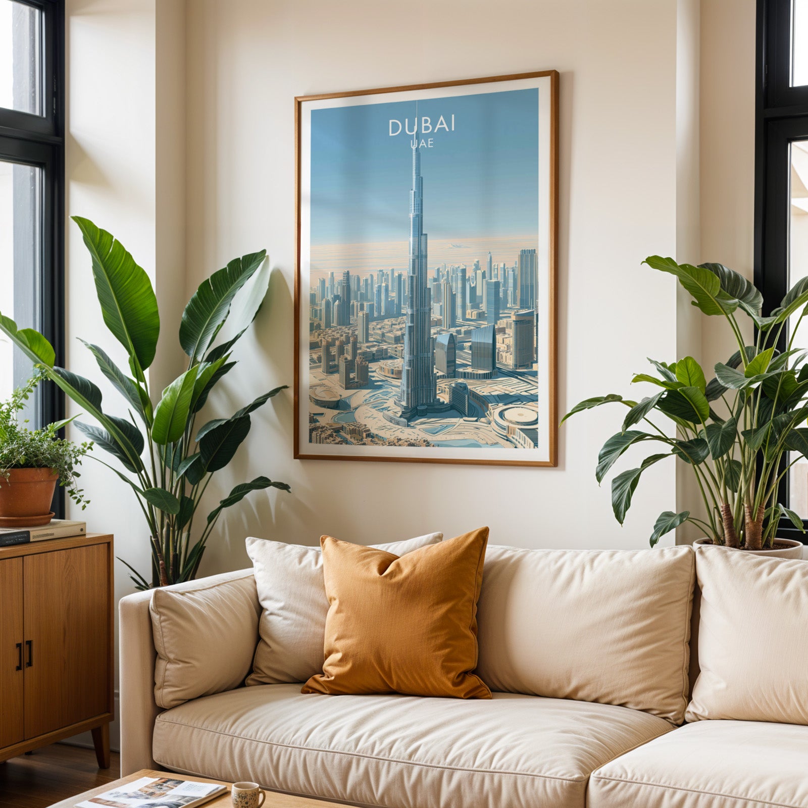 Framed Burj Khalifa Dubai UAE wall art hanging above a cream sofa in a bright living room with tropical plants