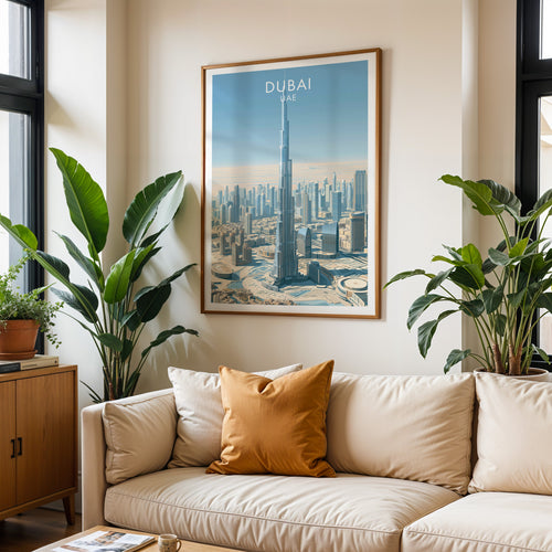 Framed Burj Khalifa Dubai UAE wall art hanging above a cream sofa in a bright living room with tropical plants