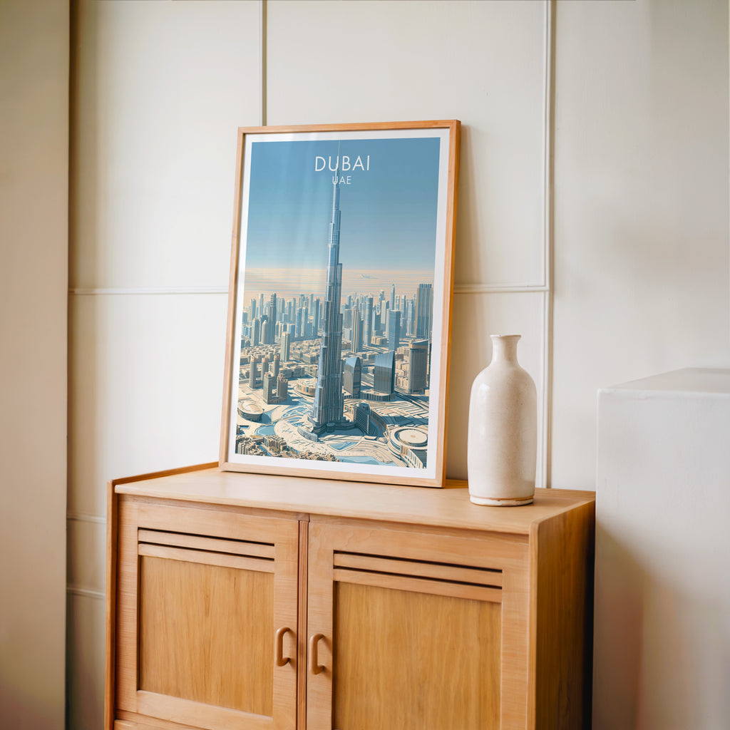 Small Burj Khalifa Dubai UAE travel poster in an oak frame on a mid-century sideboard with a ceramic vase