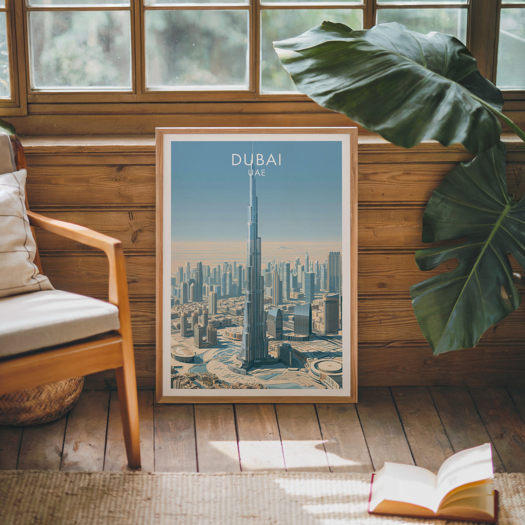 Framed Burj Khalifa Dubai UAE poster leaning against a timber cabin wall with monstera leaves and an open book