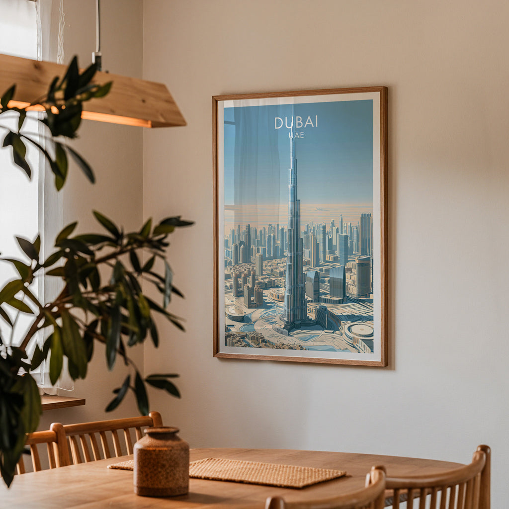 Framed Burj Khalifa Dubai UAE print on a dining room wall above an oak table in warm afternoon light