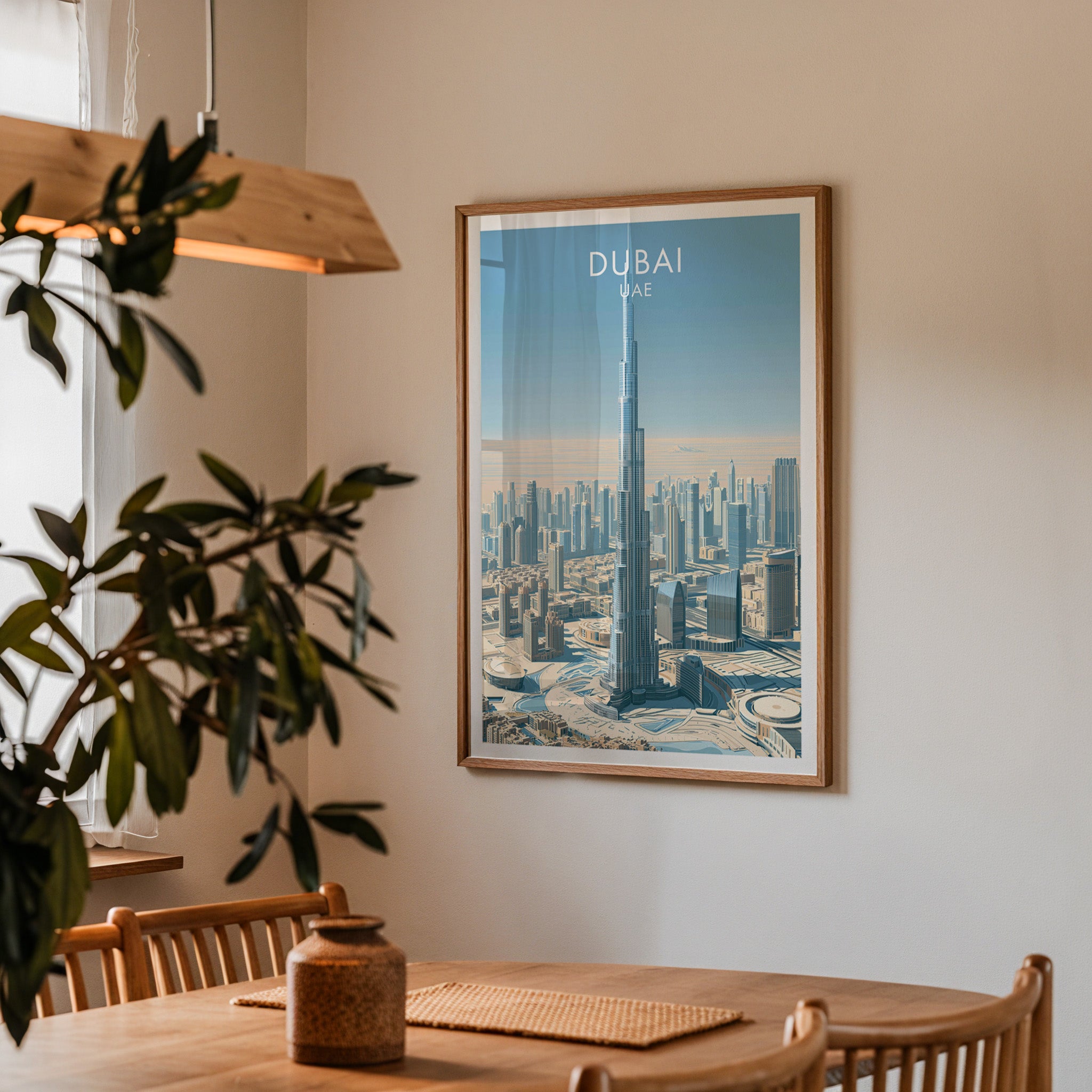 Framed Burj Khalifa Dubai UAE print on a dining room wall above an oak table in warm afternoon light