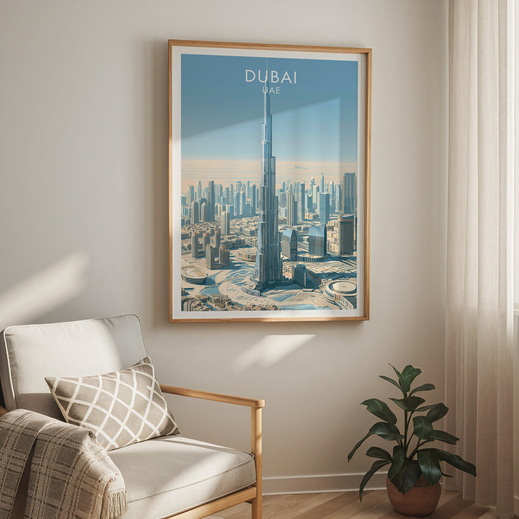 Burj Khalifa Dubai UAE travel print in a light oak frame on a living room wall beside a linen armchair