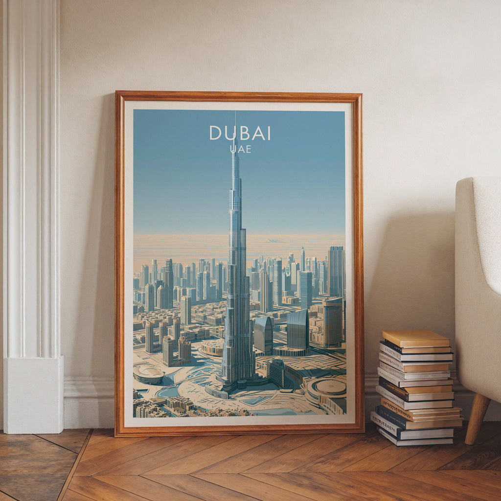 Burj Khalifa Dubai UAE art print in a walnut frame leaning in a hallway beside stacked books