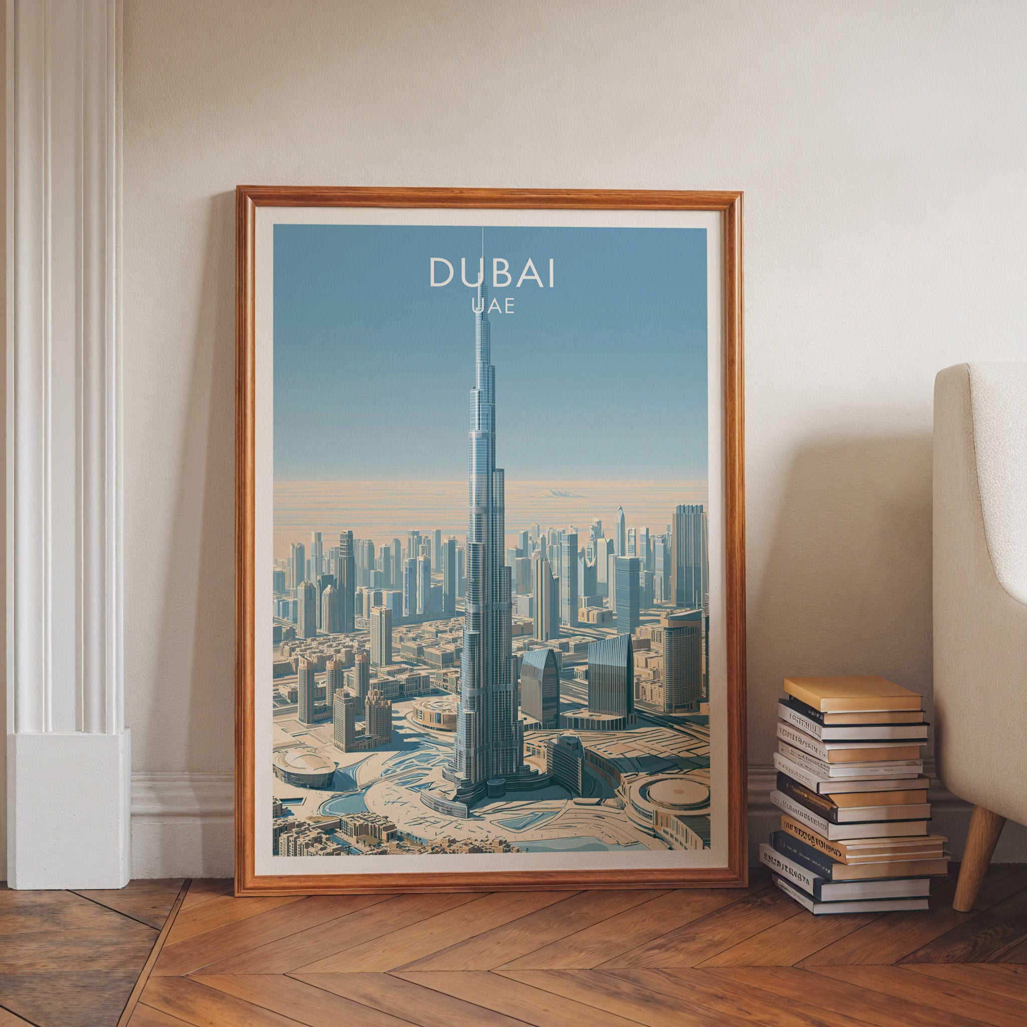 Burj Khalifa Dubai UAE art print in a walnut frame leaning in a hallway beside stacked books
