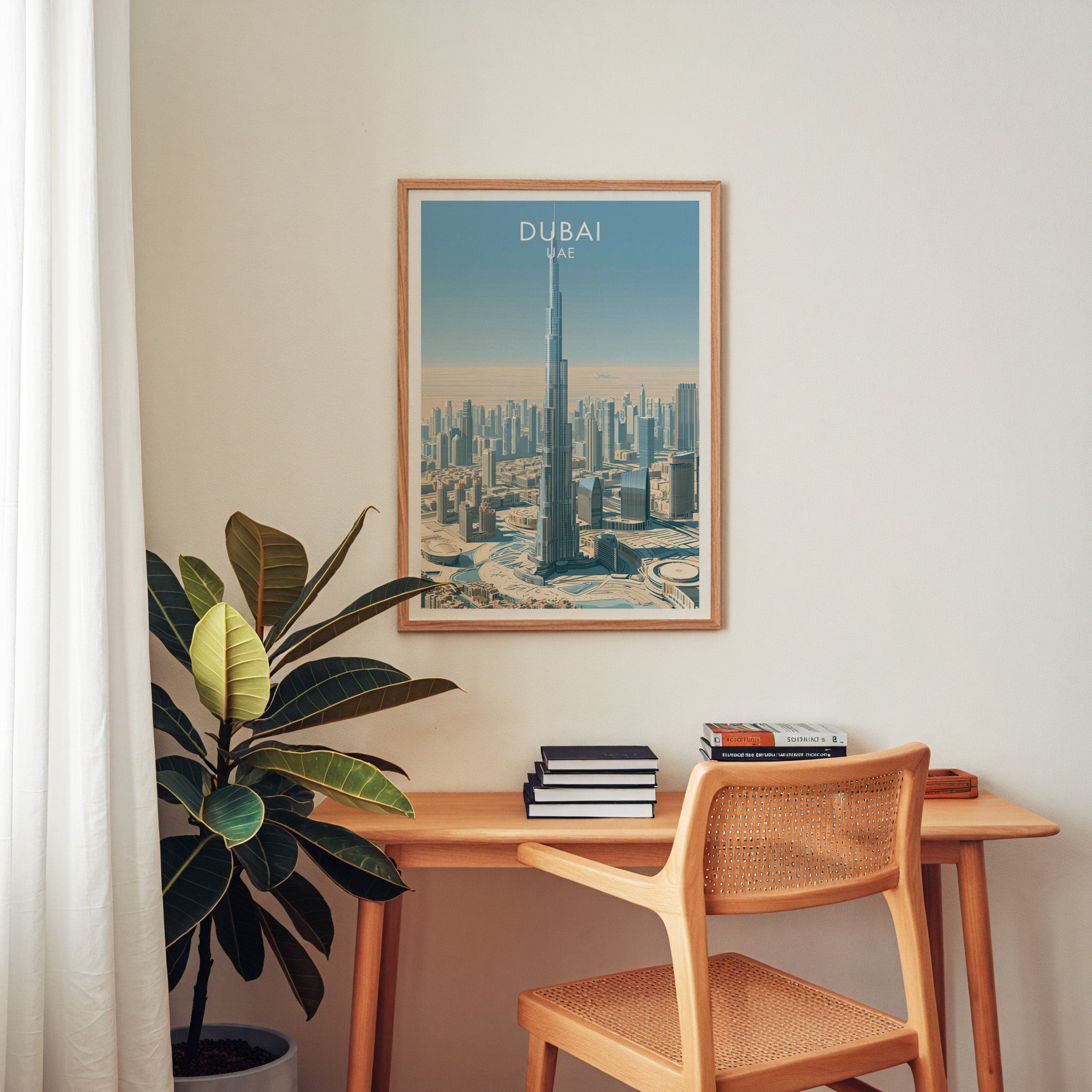 Burj Khalifa Dubai UAE wall art above a wooden home office desk with a rattan chair and books