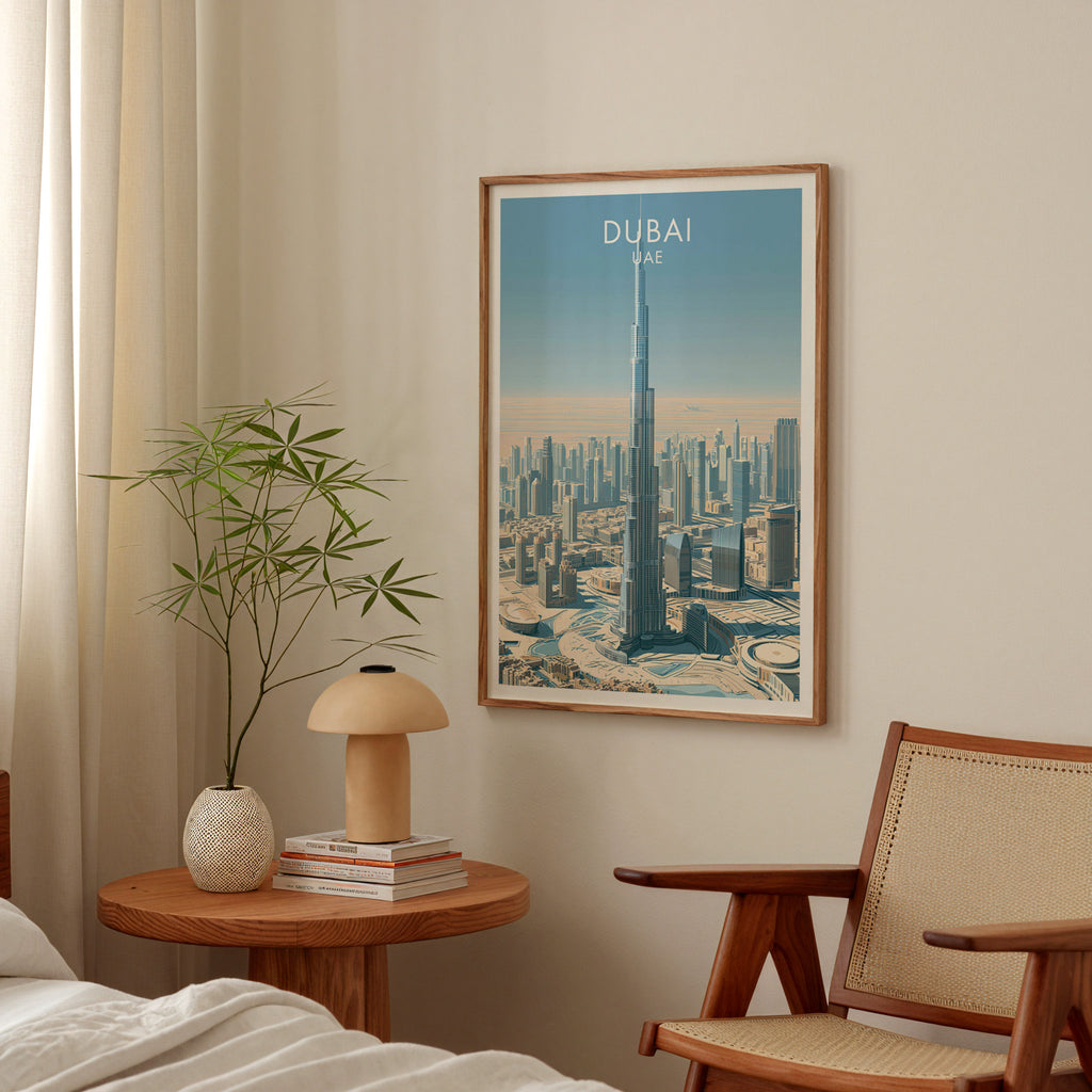Burj Khalifa Dubai UAE poster above a bedroom nightstand with a bamboo plant and mushroom lamp