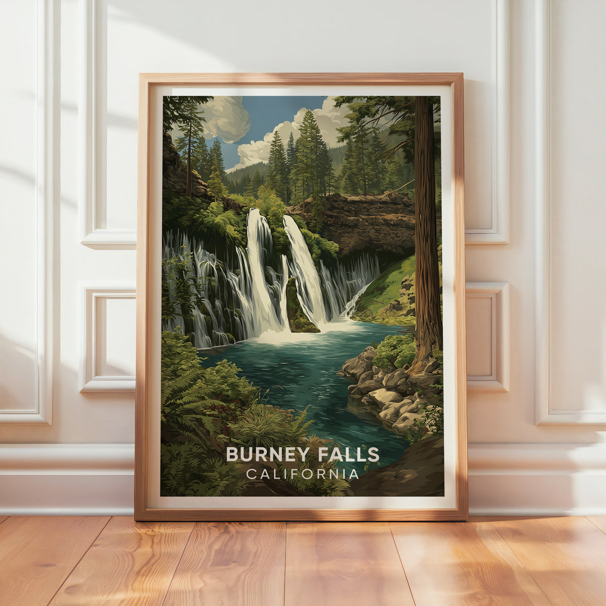 Burney Falls print leaning on a white panelled wall over a wood floor in afternoon sunlight