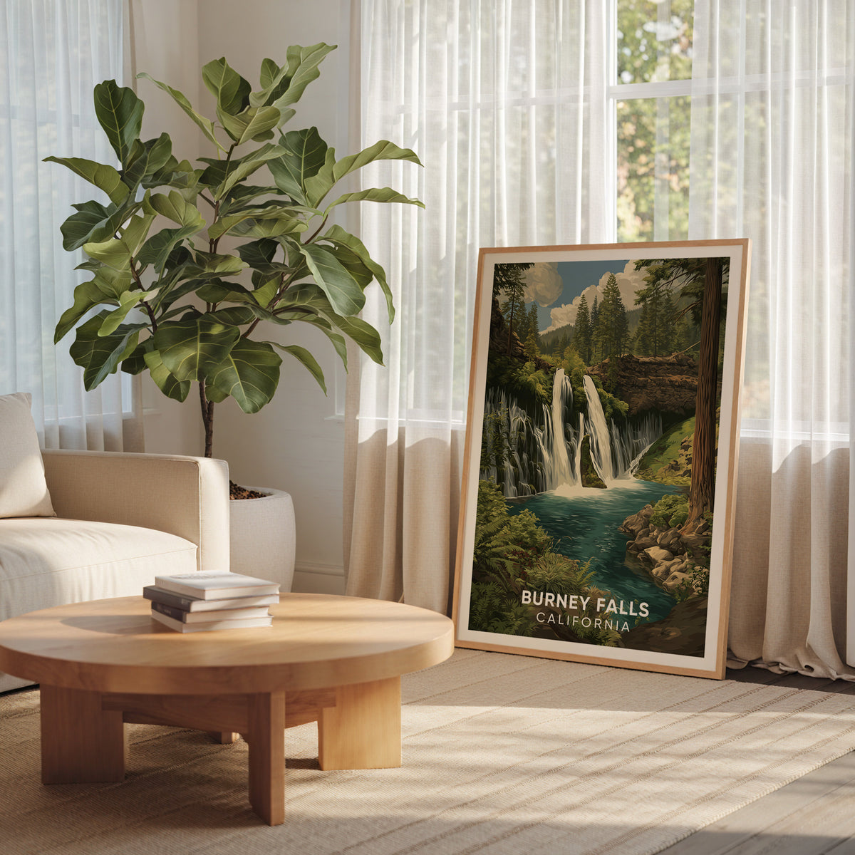 Mossy basalt waterfall print in an oak frame near a curtained window with a fiddle-leaf plant
