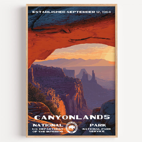 Canyonlands National Park vintage travel poster in a wood frame, Mesa Arch framing a violet sunrise over the canyon country